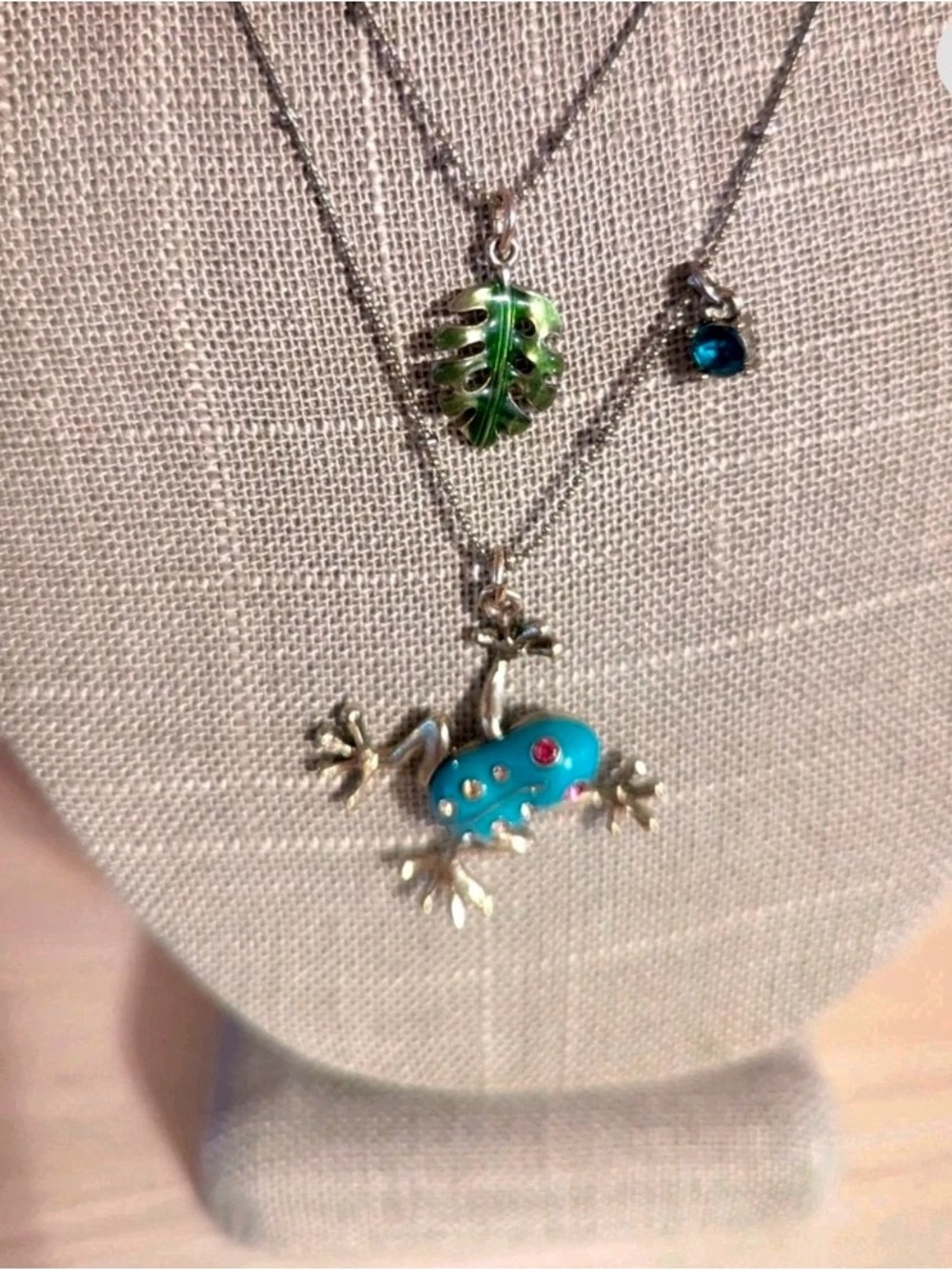 Betsey Johnson turquoise frog, green leaf & blue crystal layered necklace